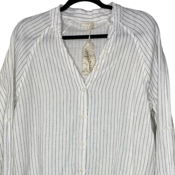 Mystree 100% Cotton Tunic Button Shirt (Sz L) Striped Long Sleeve Coastal Casual - Picture 3 of 12